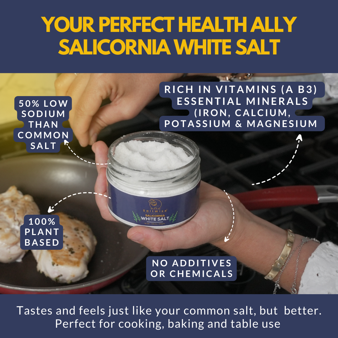 Nutrition Facts of Salicornia salt, Low sodium, Vitamin B3, Calcium, Magnesium, Potassium, Iron, How to reduce Sodium Intake in food, Plant based salt, 100% natural salt, Gluten free salt, No additive salt, no chemicals, no salt salt alternative, salt for hypertension, mineral salt